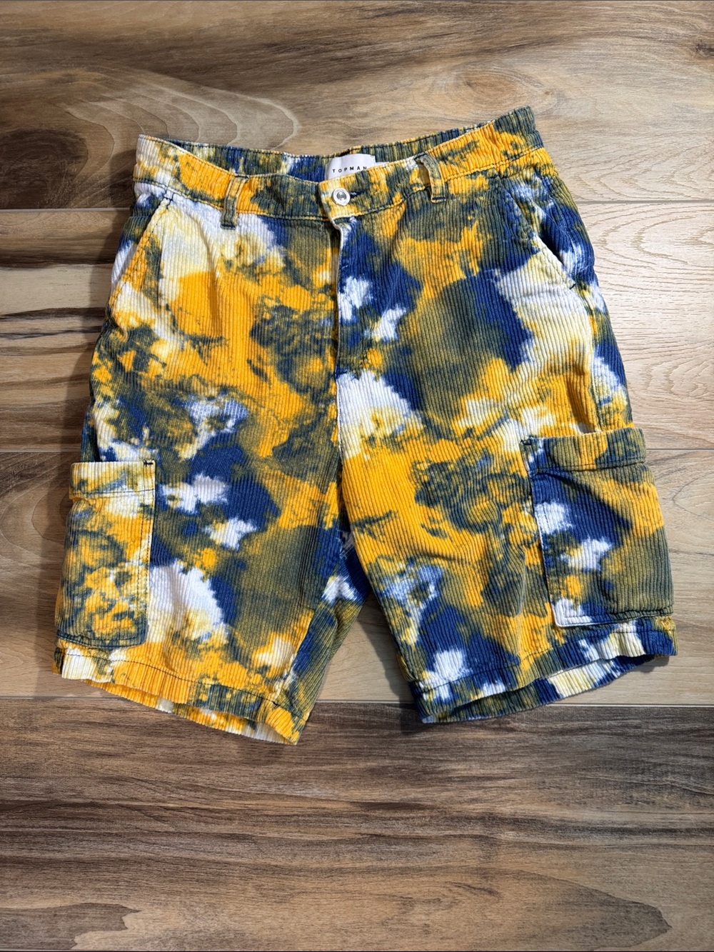 TOPMAN Men’s Size 30 Watercolor Corduroy Shorts Blue Yellow White 100% Cotton